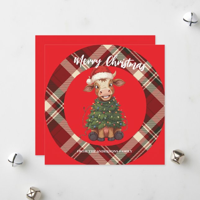 Cute merry Cow Christmas tree calf ox Xmas plaid Julkort (Fram/Back In Situ)