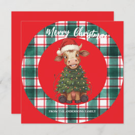 Cute merry Cow Christmas tree calf ox Xmas plaid Julkort