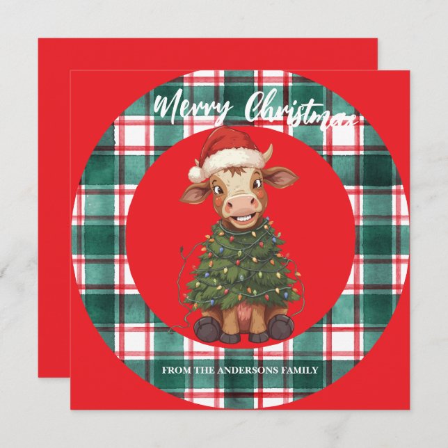 Cute merry Cow Christmas tree calf ox Xmas plaid Julkort (Fram/baksida)