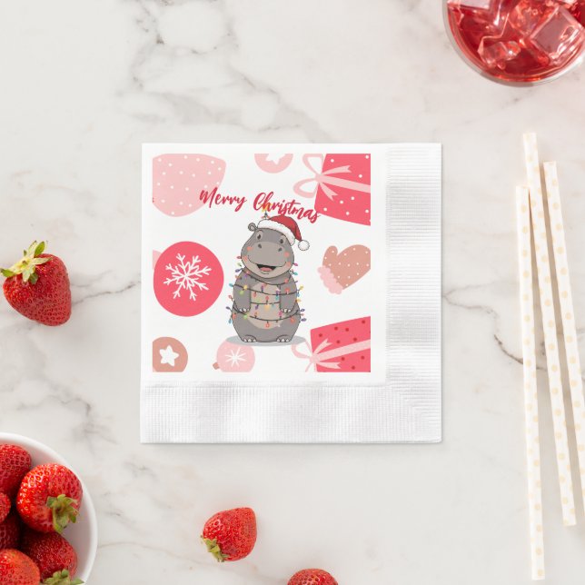 Cute merry Hippo christmas tree zoo safari Xmas  Pappersservett (Insitu)