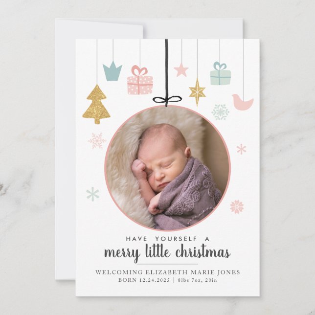 Cute Merry Little jul Ornament Photo Birth Meddelande (Framsida)