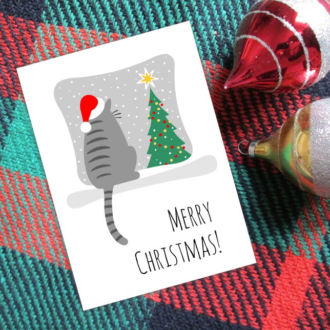 Cute Merry Meowy Julgran Cat Snö Julkort (Skapare uppladdad)