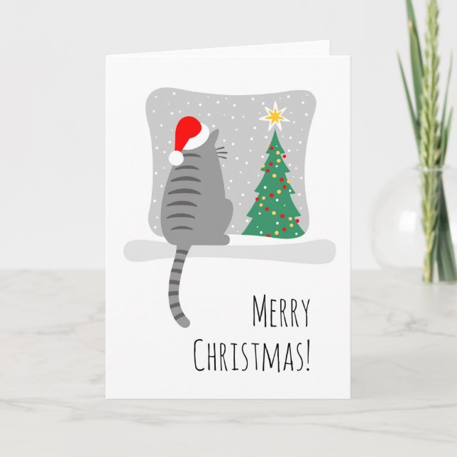 Cute Merry Meowy Julgran Cat Snö Kort (Framsida)