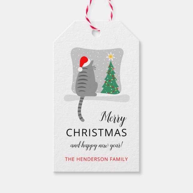 Cute Merry Meowy Julgran Cat Snö Presentetikett (Framsidan)