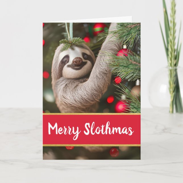 Cute Merry Slothmas med Sloth i Träd Kort (Framsida)