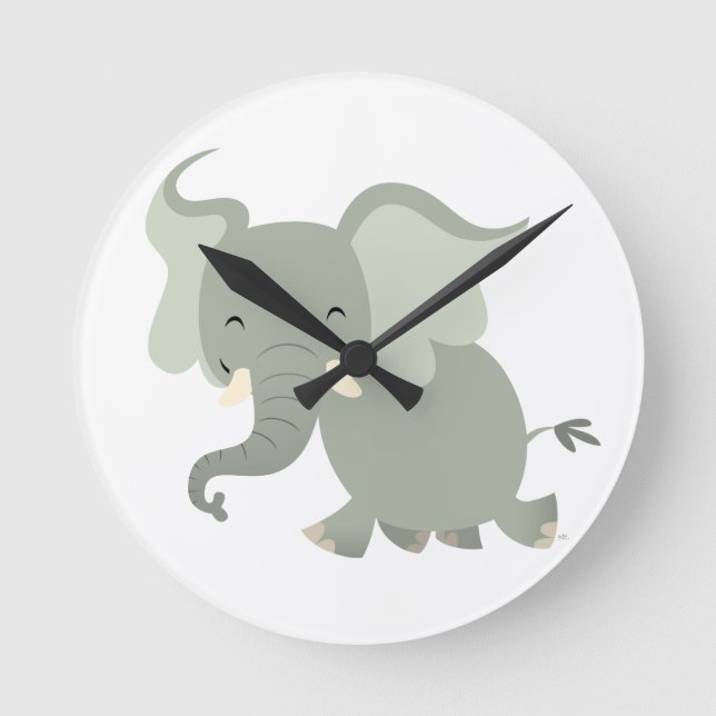Cute Merry Tecknad Elephant Wall Clock Rund Klocka (Framsida)