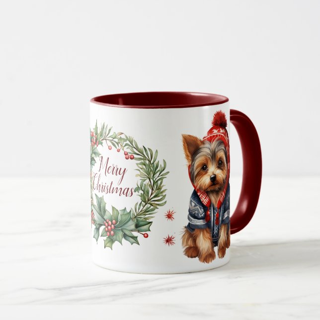 Cute Merry Yorkshire Terrier Hund jul Mugg (Framsida höger)