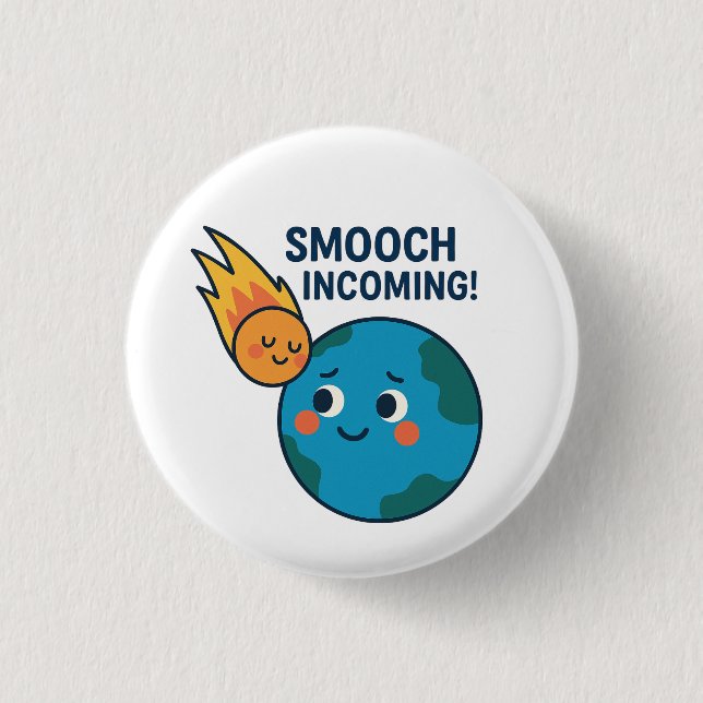 Cute Meteor and Earth Tecknad - "Smooch"-knapp Knapp (Framsida)