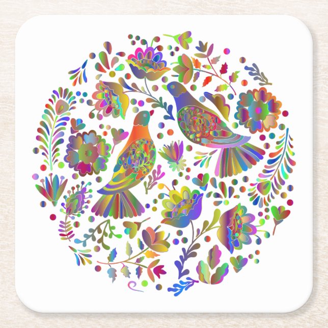 Cute Mexican PeopleArt, Birds and Flowers Underlägg Papper Kvadrat (Framsidan)
