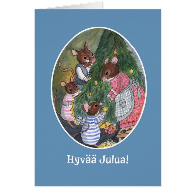 Cute Mice Decorating Julgran finska Hälsningskort (Framsidan)