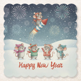 Cute Mice Happy New Year Fireworks Underlägg Papper