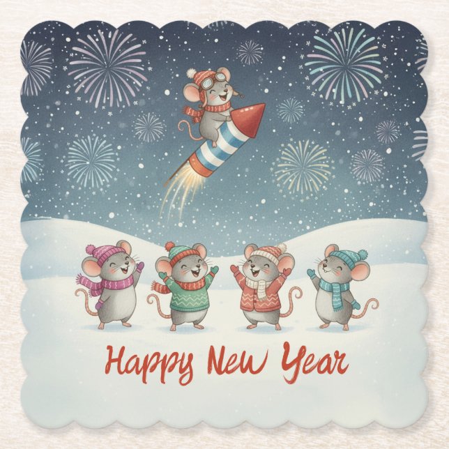 Cute Mice Happy New Year Fireworks Underlägg Papper (Framsida)