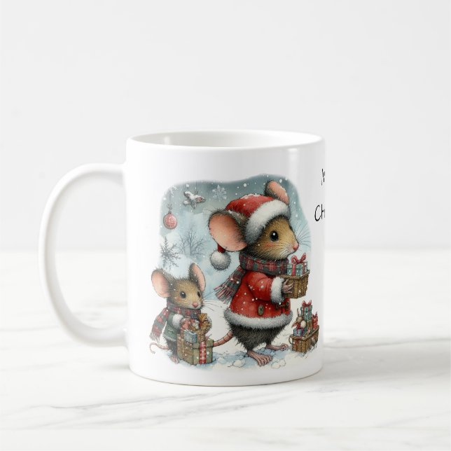 Cute Mice med Wrapped Gifts Santa Hat Kaffemugg (Vänster)