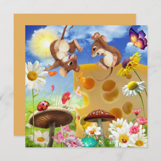 Cute Mice och Cheese Fantasy Art Flate Card (Fram/baksida)