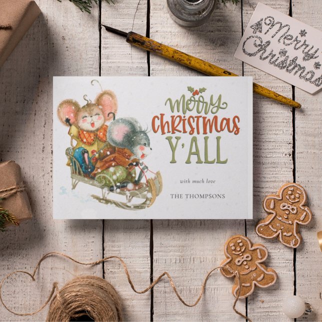 Cute Mice Sleighing God jul Y'All Namn Vykort (Skapare uppladdad)