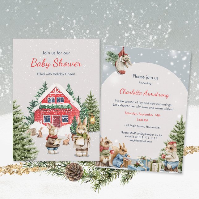 Cute Mice Snowy Winter Wonderland Baby Shower Inbjudningar (Cute Animals Snowy Winter Wonderland Baby Shower Invitation ©Susanne Sachers - Sunny Mind Design 🌞)