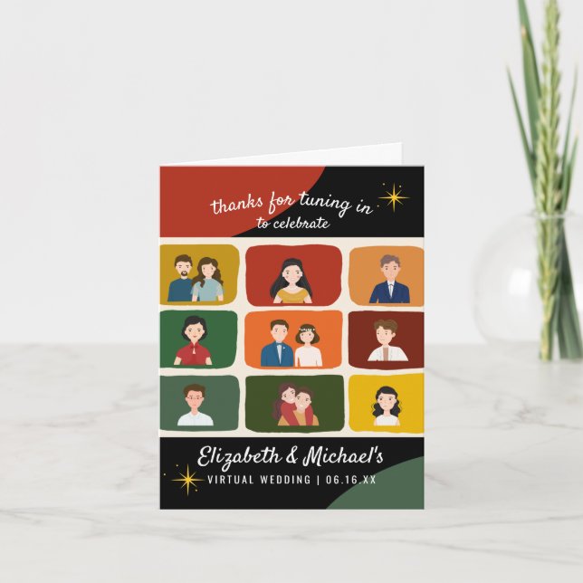 Cute Mid Century Stil Virtuellare Video Bröllop Fo Tack Kort (Framsida)