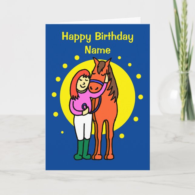 Cute Midnight Blue Horse and Girl Tecknad Birthday Kort (Framsida)