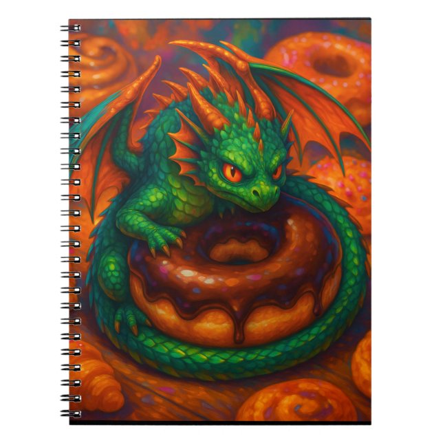 Cute Mini Grönt Dragon & Donut Fantasy Art Anteckningsbok (Framsidan)