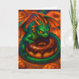 Cute Mini Grönt Dragon & Donut Fantasy Art Kort