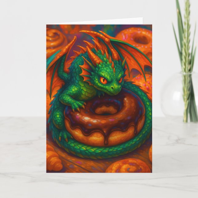 Cute Mini Grönt Dragon & Donut Fantasy Art Kort (Framsida)