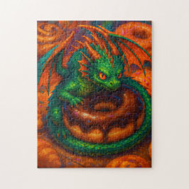 Cute Mini Grönt Dragon & Donut Fantasy Art Pussel