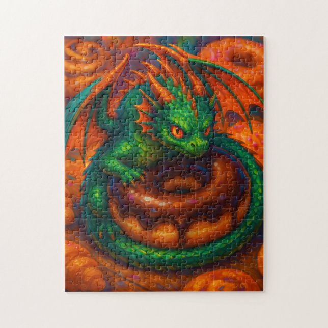 Cute Mini Grönt Dragon & Donut Fantasy Art Pussel (Vertikal)