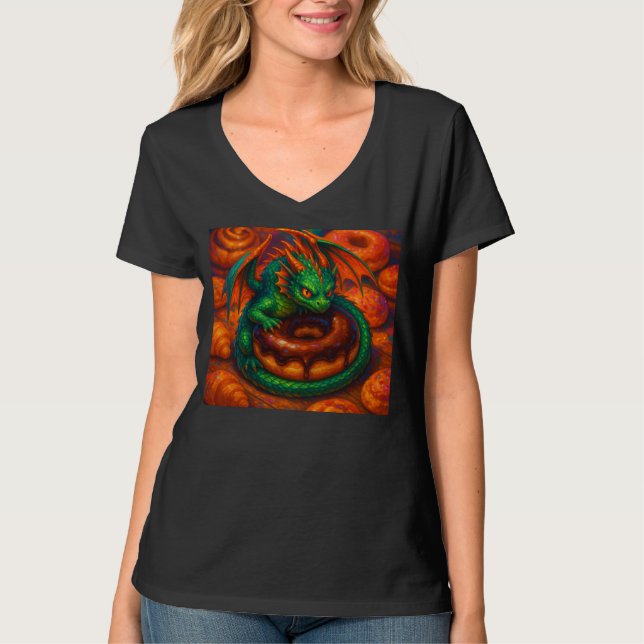 Cute Mini Grönt Dragon & Donut Fantasy Art T Shirt (Framsida)