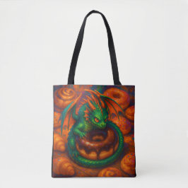 Cute Mini Grönt Dragon & Donut Fantasy Art Tygkasse
