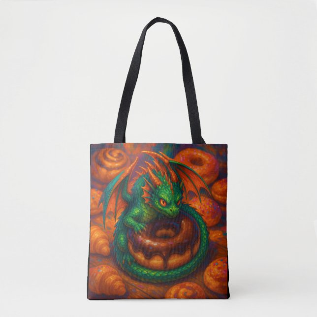 Cute Mini Grönt Dragon & Donut Fantasy Art Tygkasse (Framsida)