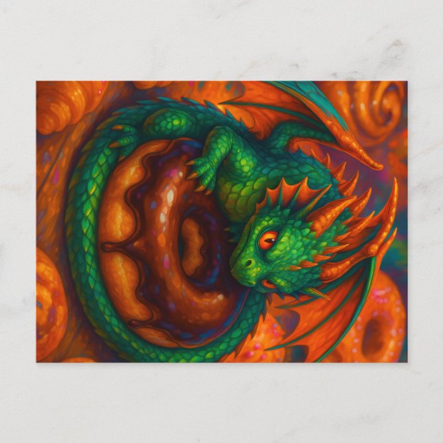 Cute Mini Grönt Dragon & Donut Fantasy Art Vykort (Framsida)
