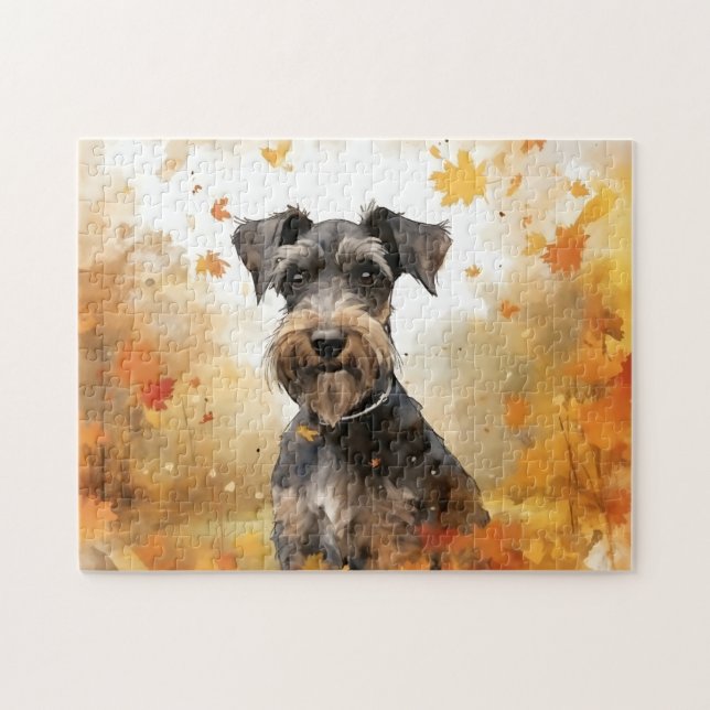 Cute Miniature Schnauzer Hund/Autumn/Fall Pussel (Horisontell)