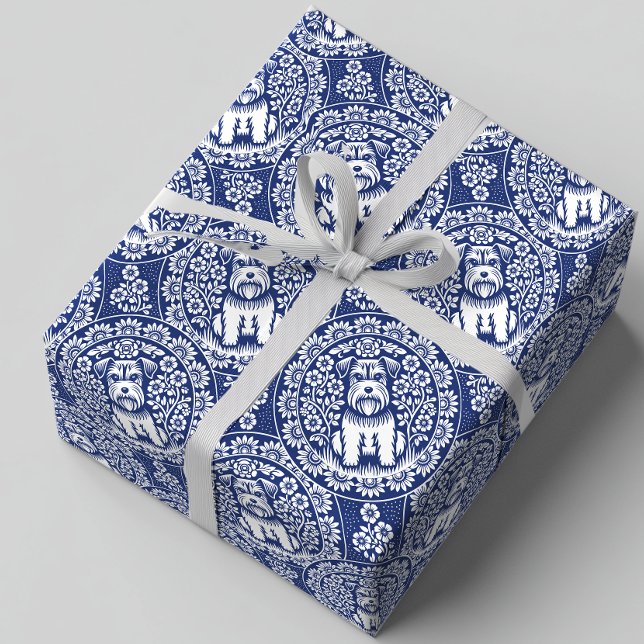 Cute Miniature Schnauzer i en Blomsterträdgård Presentpapper (Background color is customizable)