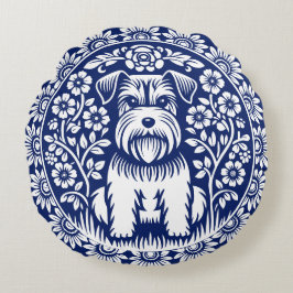 Cute Miniature Schnauzer i en Blomsterträdgård Rund Kudde