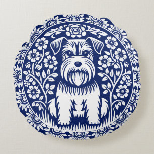 Cute Miniature Schnauzer i en Blomsterträdgård Rund Kudde