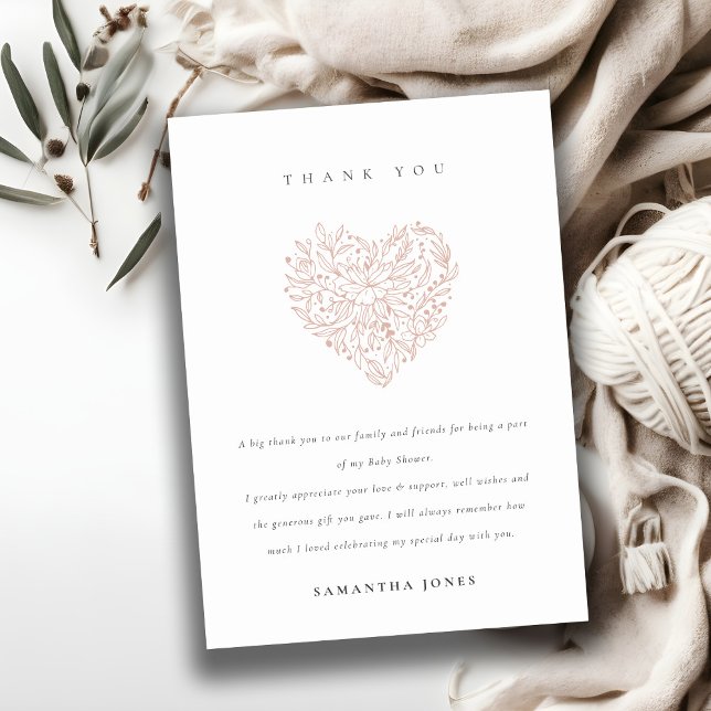Cute Minimal Dusky  Blommigt Heart Baby Shower Tack Kort (Skapare uppladdad)