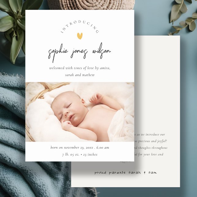 Cute Minimal Heart-skript Foto Birth-meddelande Tack Kort (Skapare uppladdad)