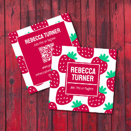 Cute Minimal Strawberry Pattern, QR Code Fyrkantigt Visitkort