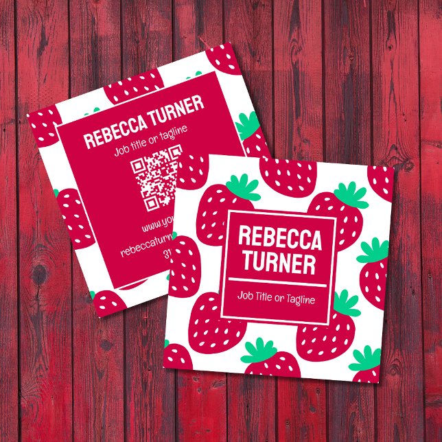 Cute Minimal Strawberry Pattern, QR Code Fyrkantigt Visitkort (Skapare uppladdad)