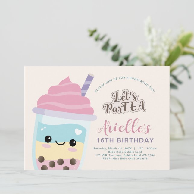 Cute Minimalist Boba Bubble Tea Birthday Invation Inbjudningar (Stående Fram)