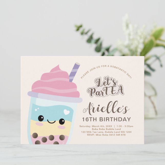 Cute Minimalist Boba Bubble Tea Birthday Invation Inbjudningar (Stående Fram)
