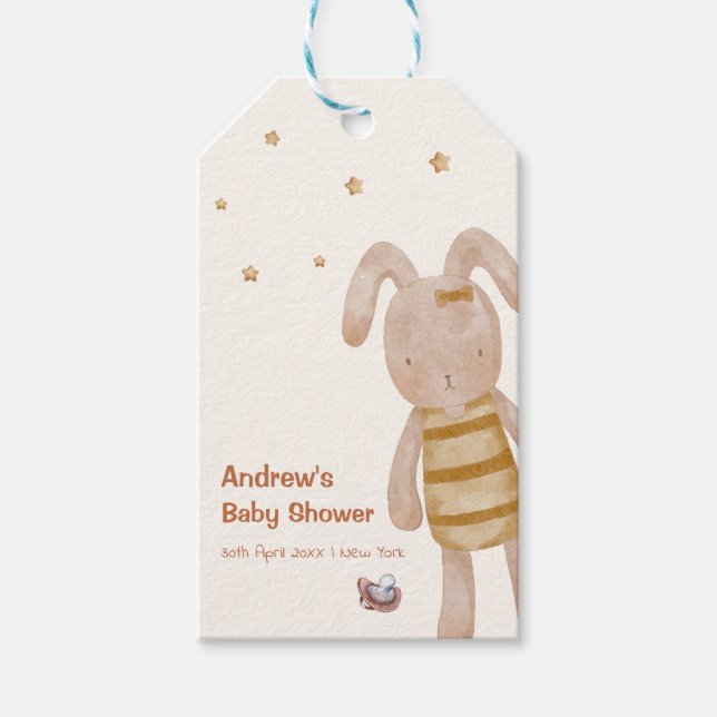 Cute Minimalist Boho Bunny Leksak Baby Shower Presentetikett (Framsidan)