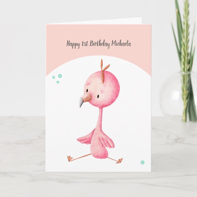Cute Minimalist Flamingo Rosa första födelsedag Kort (Framsida)