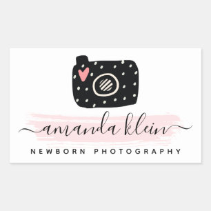 Cute Minimalist Fotograf Camera Black & Rosa Rektangulärt Klistermärke