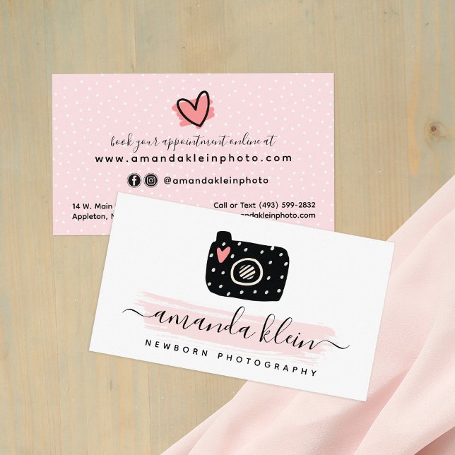 Cute Minimalist Fotograf Camera Black & Rosa Visitkort (Skapare uppladdad)