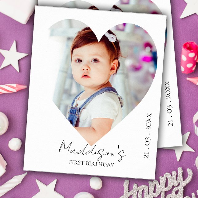 Cute Minimalist Heart Photo First Födelsedagsfest Poster (Cute Minimalist Heart Photo First Birthday Party Poster)