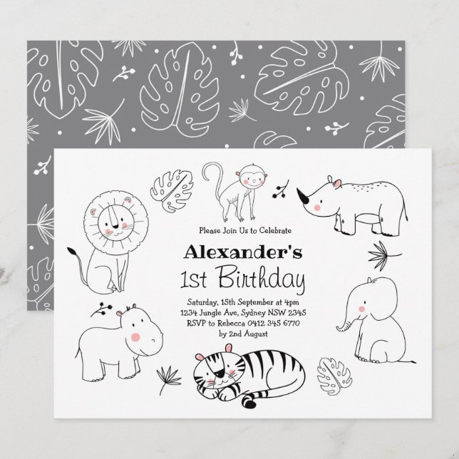 Cute Minimalist Jungle Safari Animals 1:a födelsed Inbjudningar (Fram/baksida)