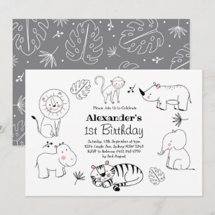 Cute Minimalist Jungle Safari Animals 1:a födelsed Inbjudningar