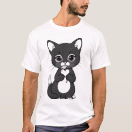 Cute Minimalist Kitten Holding Heart and Lollipop T Shirt