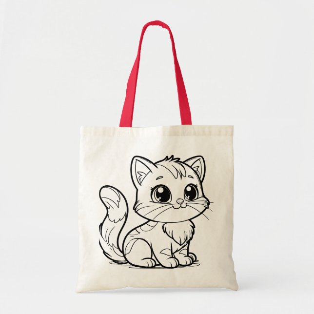 Cute Minimalist Kitten Line Art Tote Bag Tygkasse (Framsidan)